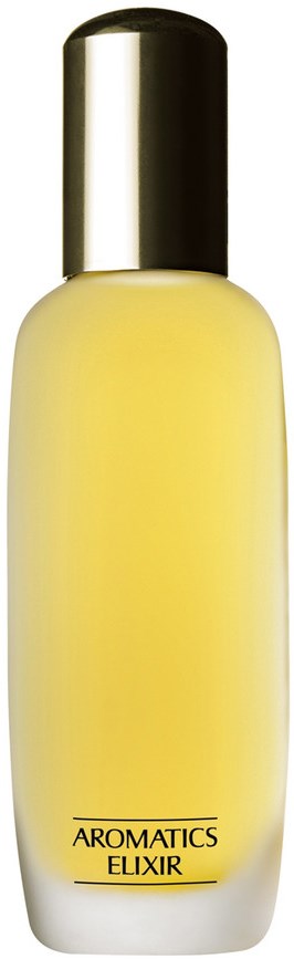Een gele vloeistof in een doorzichtige fles met een zilveren dop. Het label zegt 'Aromatics Elixir'.