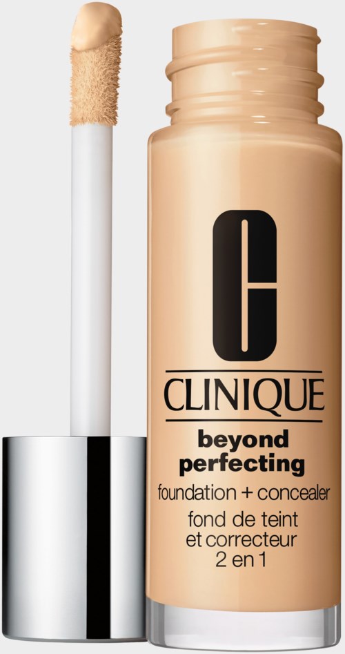A beige Clinique foundation bottle with a wand, labeled 'beyond perfecting' for foundation and concealer.