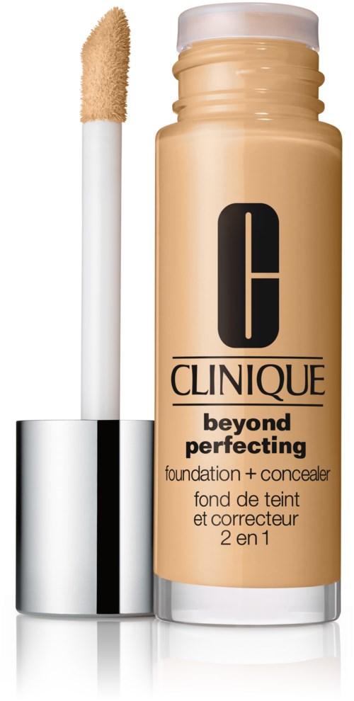 Clinique Beyond Perfecting foundation and concealer bottle with applicator stick. Beige liquid inside. Label shows product name.