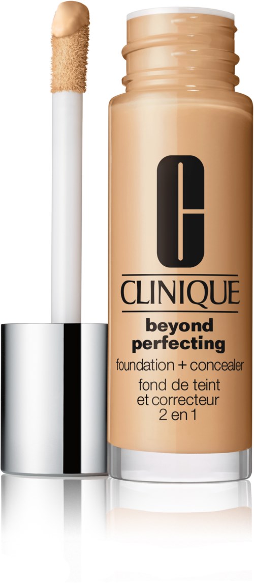 A Clinique foundation bottle with a wand, labeled 'beyond perfecting' for foundation and concealer, in beige color.