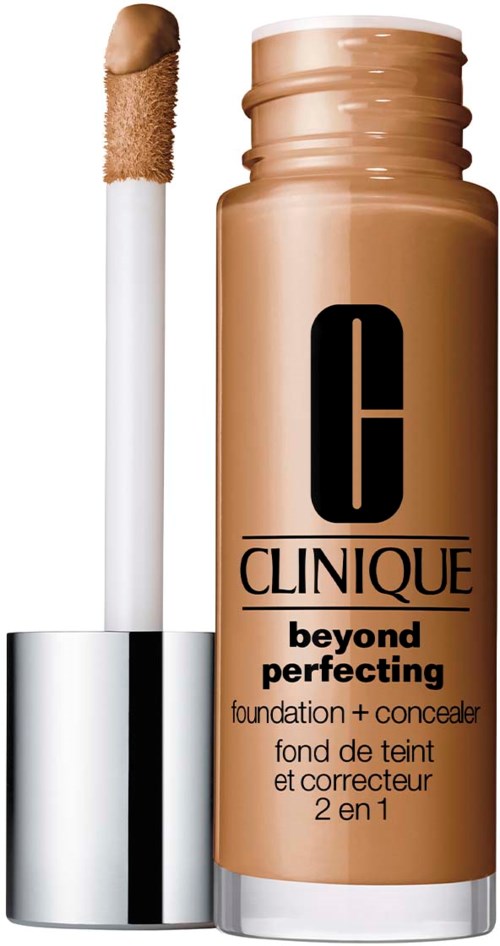 A bottle of Clinique Beyond Perfecting foundation and concealer, with an applicator wand.