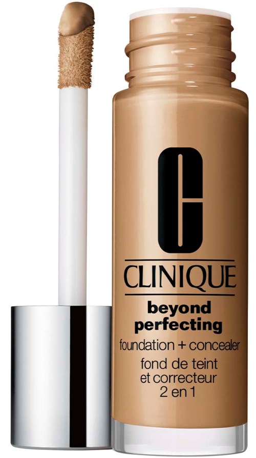 A bottle of Clinique Beyond Perfecting foundation and concealer with a doe-foot applicator.
