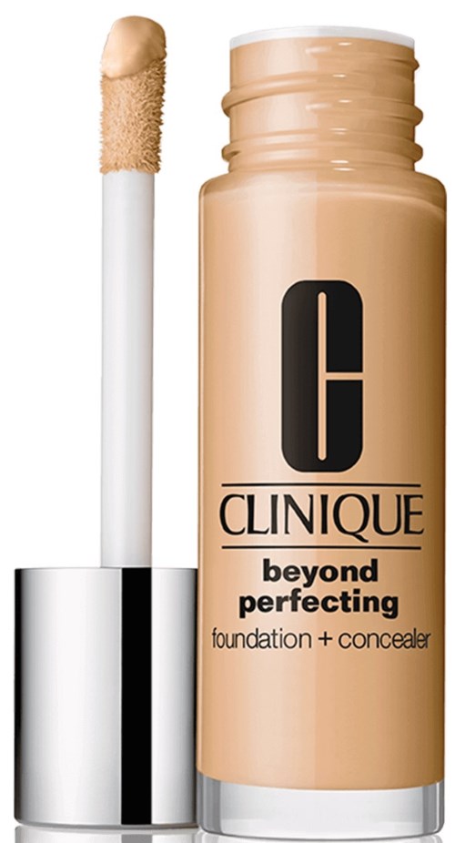 Clinique Beyond Perfecting Foundation und Concealer in einer beigen Flasche mit schwarzem Logo und Applikatorspitze.