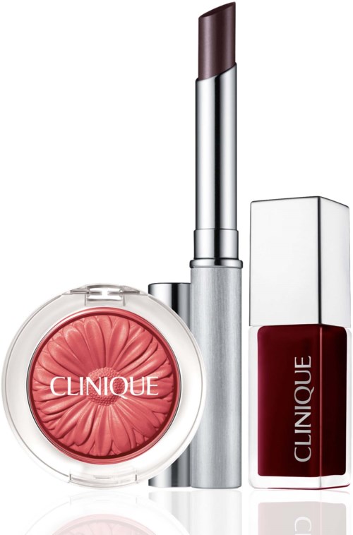 A set of Clinique makeup products including a blush, lipstick, and nail polish.
