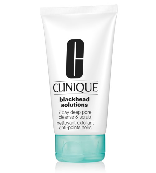 Clinique blackhead solutions tube voor dieper pore schoonmaak en scrub, met zwart-wit label en een turquoise dop.