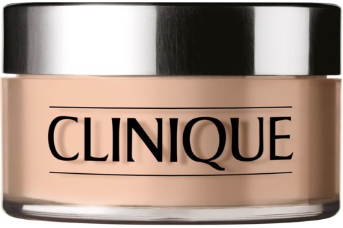 Ronde container met Clinique make-up met zilveren en zwarte deksel. Het label is eenvoudig met de merknaam in vetgedrukteLetters.