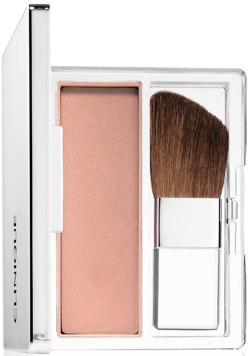 Een make-up compact met roze blush en kwast in een doorzichtig doosje. De doos is wit met 'CLINIQUE' erop.