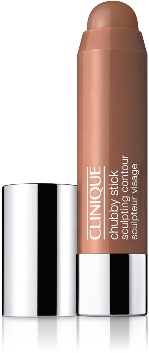 Een beige draai-pen met zilveren basis, met de tekst "Clinique Chubby Stick Sculpting Contour".