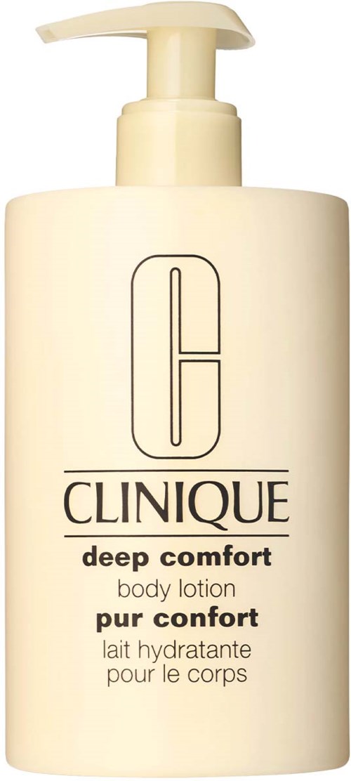 Eine weiße Flasche mit Clinique deep comfort Bodylotion mit Pumpkopf.