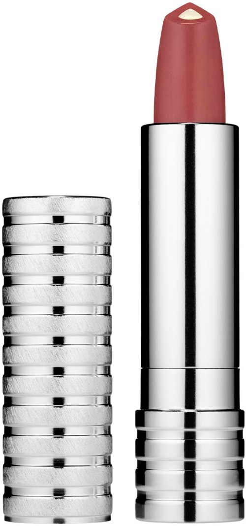 Een lippenstiftdoos met lipstick uitgezet en een stapel zilverkleurige munten ernaast.