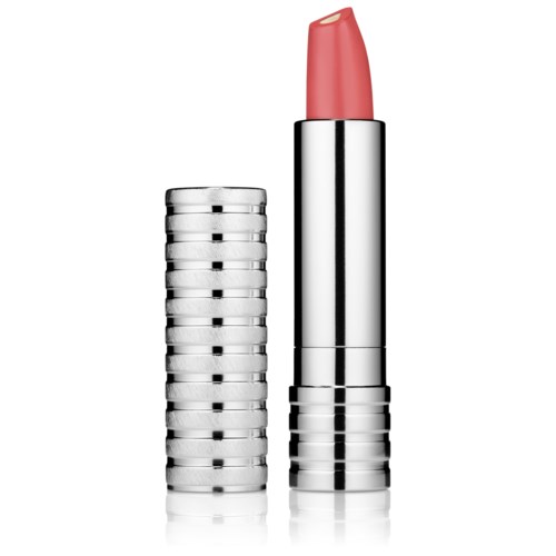 Een lippenstift zonder dop, met roze lippenstift en een zilveren, gestreepte houder.