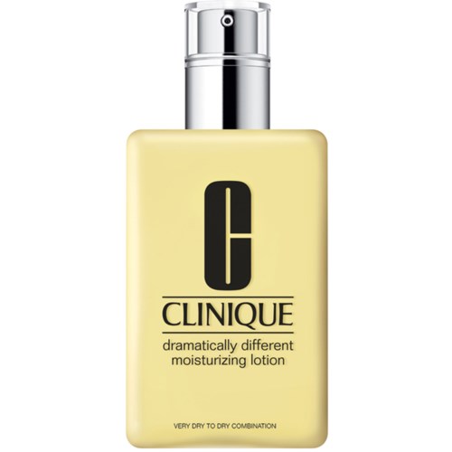Een gele fles Clinique hydraterende lotion met zilveren dop, voor zeer droge tot droge huid.