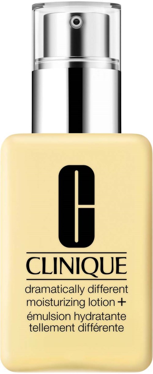 Een Clinique-lotionfles met pomp, gemarkeerd als hydraterende en vochtinbrengende lotion, in gele kleur.
