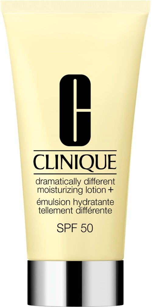 Een tube Clinique hydraterende lotion met SPF 50, lichtgeel van kleur, met Clinique-logo en productinformatie.