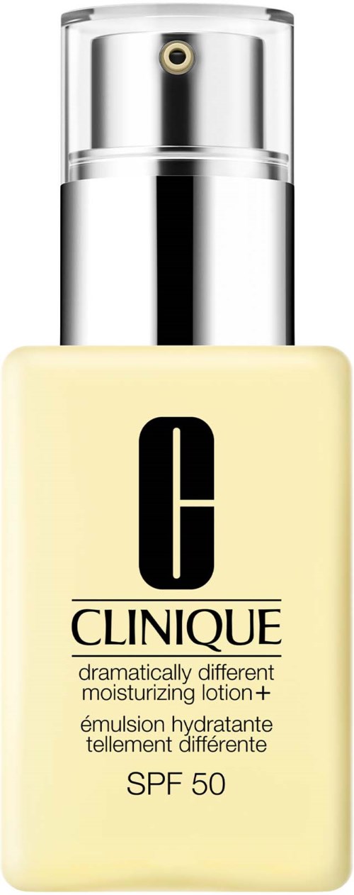 Flesje Clinique hydraterende lotion met SPF 50, crèmekleurig met zwarte tekst en zilveren pomp.
