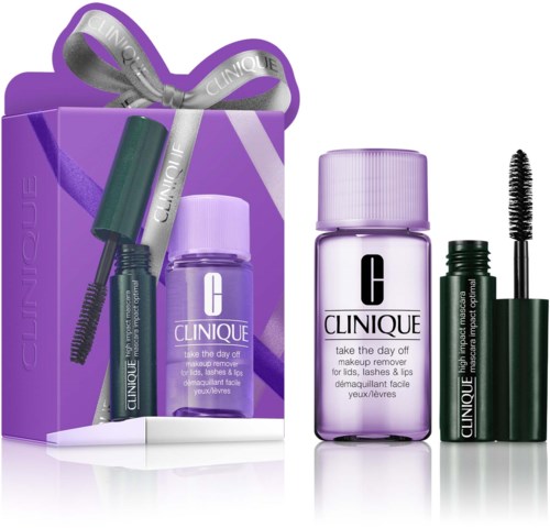 Clinique makeup remover set with cleansing balm and mascara, in purple packaging and gift box with silver ribbon.