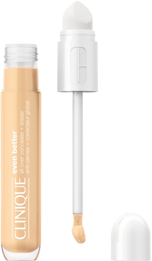 Een beige tube van Clinique foundation met een witte applicator en dop. De tube heeft tekst.