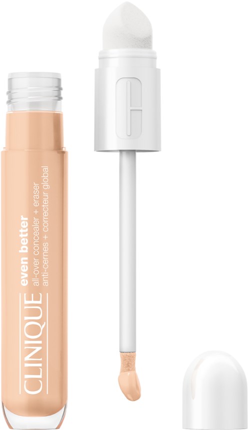 Tube met Clinique concealer met applicator en deksel zichtbaar. Licht huidtint. Compact en draagbaar make-upproduct.