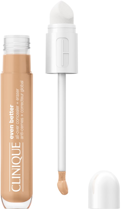 Clinique concealer stift met witte dop en beige vloeibare concealer. Bevat een spons en een dop.
