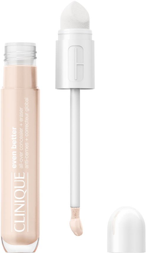 Een beige vloeibare concealer met een witte cap en ingebouwde applicatorstok.