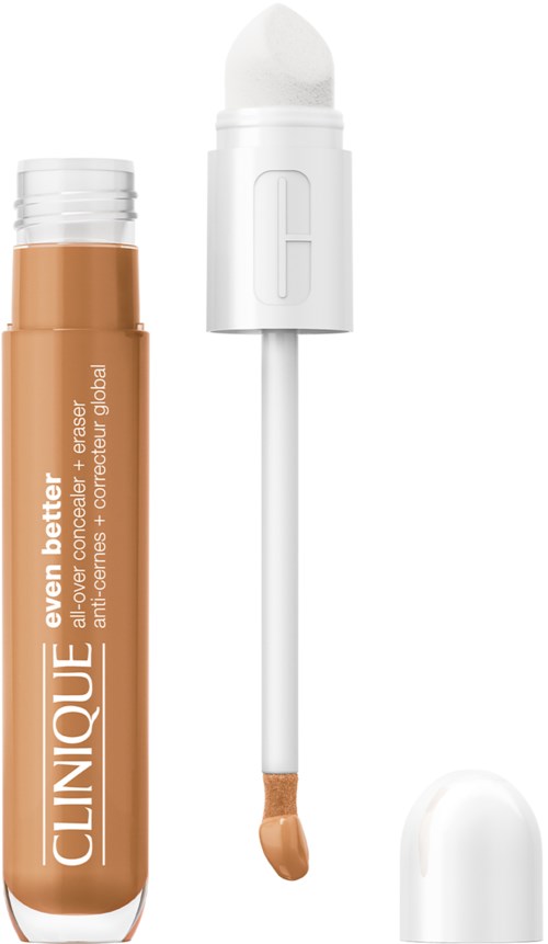 Concealer-stift met witte dop en applicator, gelabeld "Clinique Even Better All-Over Foundation + Concealer Bubble."