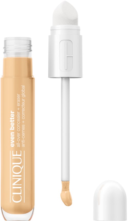 Een vloeibare concealer-tube met witte applicator en dop, gemarkeerd 'Clinique even better'.