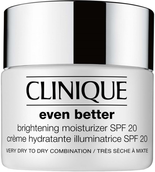 Clinique Even Better kirkastava kosteusvoide SPF 20 erittäin kuivalle ja kuivalle iholle. Pakkaus on hopeanvärinen kansi.