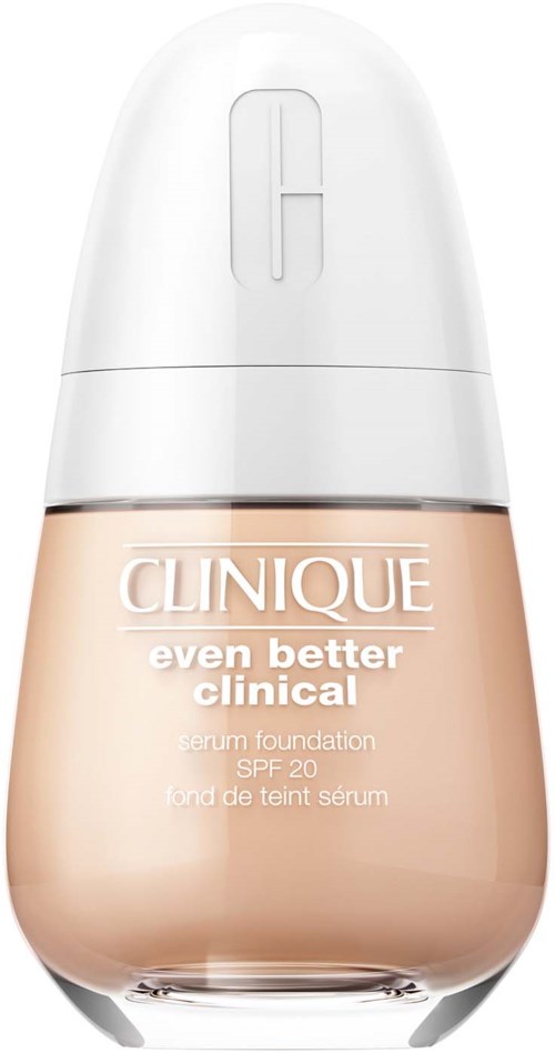 Eine Flasche Clinique Foundation mit SPF 20, beschriftet "even better clinical" und "serum foundation."