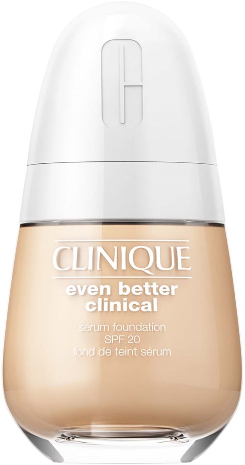 Eine Flasche Clinique Foundation mit weißem Deckel und beige Flüssigkeit.