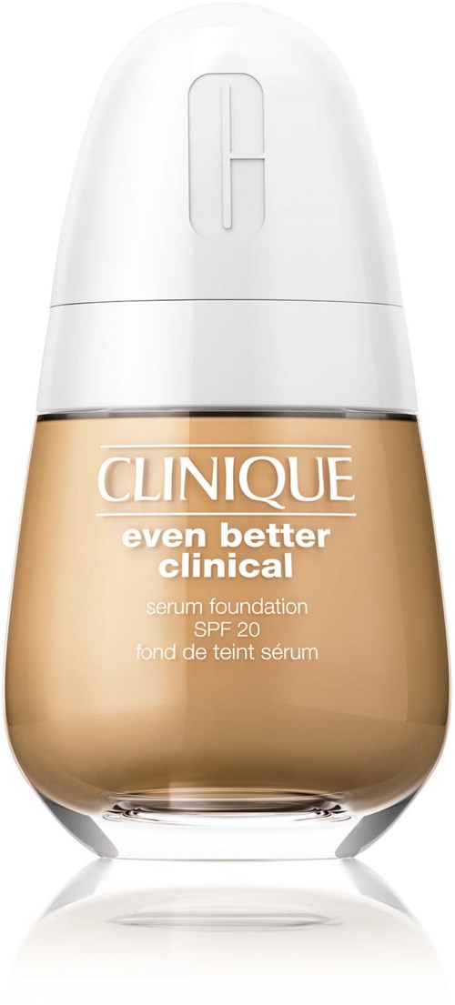 Eine Flasche Clinique Foundation mit weißem Deckel und beige Flüssigkeit.