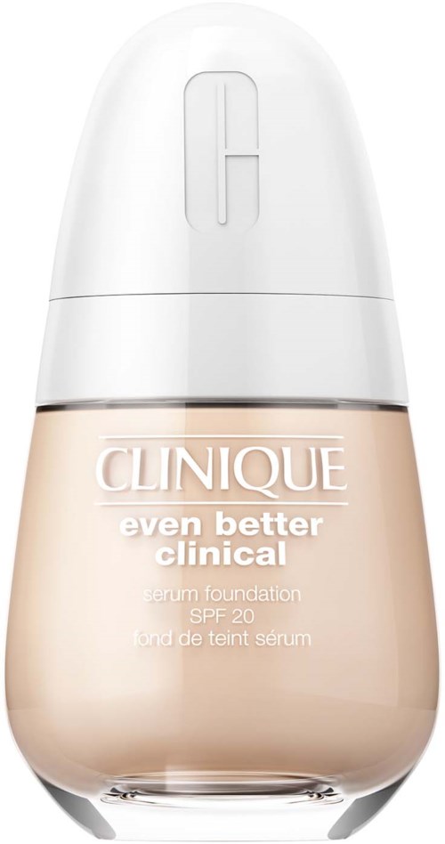 Eine Clinique-Flasche mit Foundation mit SPF 20, beschriftet 'even better clinical', in Beige und Weiß.