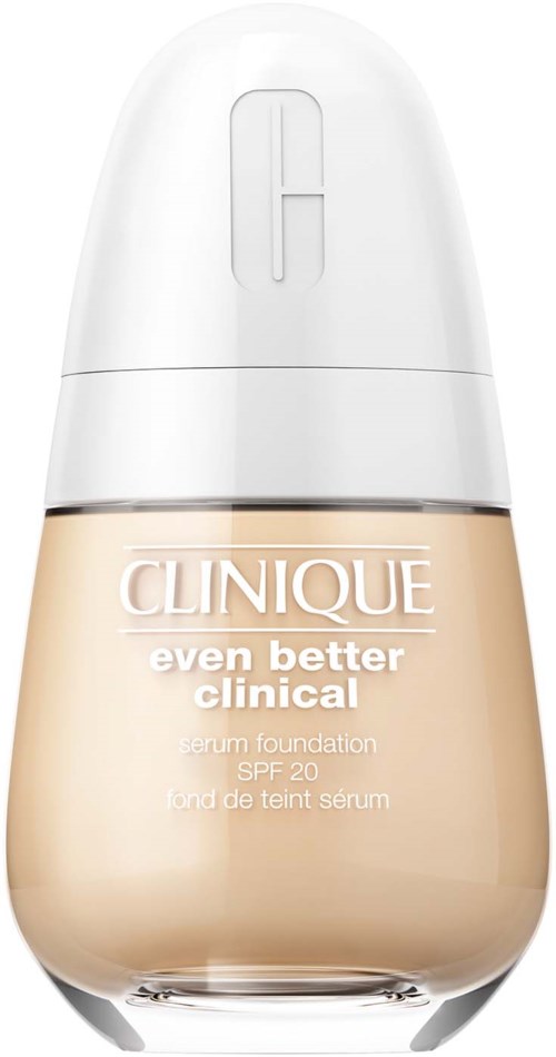 A bottle of Clinique foundation with a white cap and beige liquid inside, labeled as serum foundation with SPF 20.