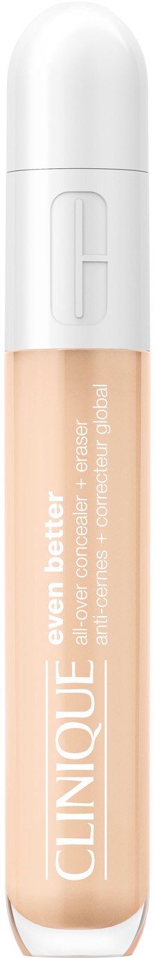 Een vloeibare correctiestift met witte dop en beige product, gelabeld "Clinique even better."