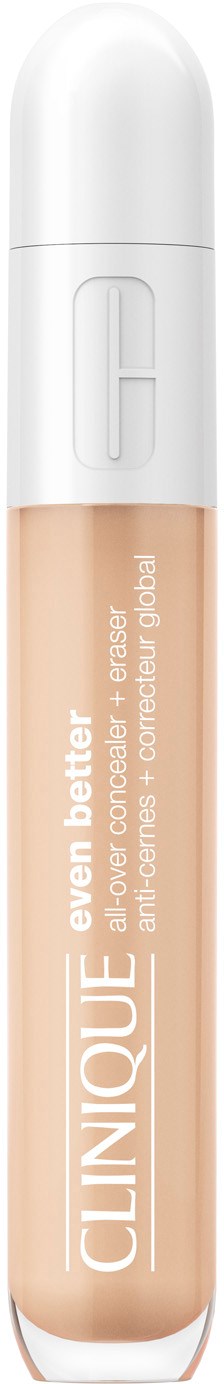 Een beige vloeibare concealer in een doorzichtige tube met witte dop, merk Clinique. Gebruikt voor huidbedekking.