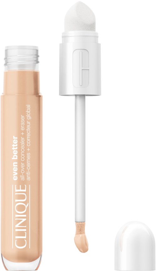 Een beige tube Clinique concealer met witte dop en een bevestigde applicator.