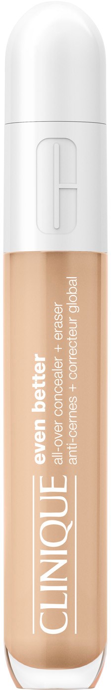 Een beige vloeibare concealer in een doorzichtige tube met witte dop en applicator. Het merk is Clinique.