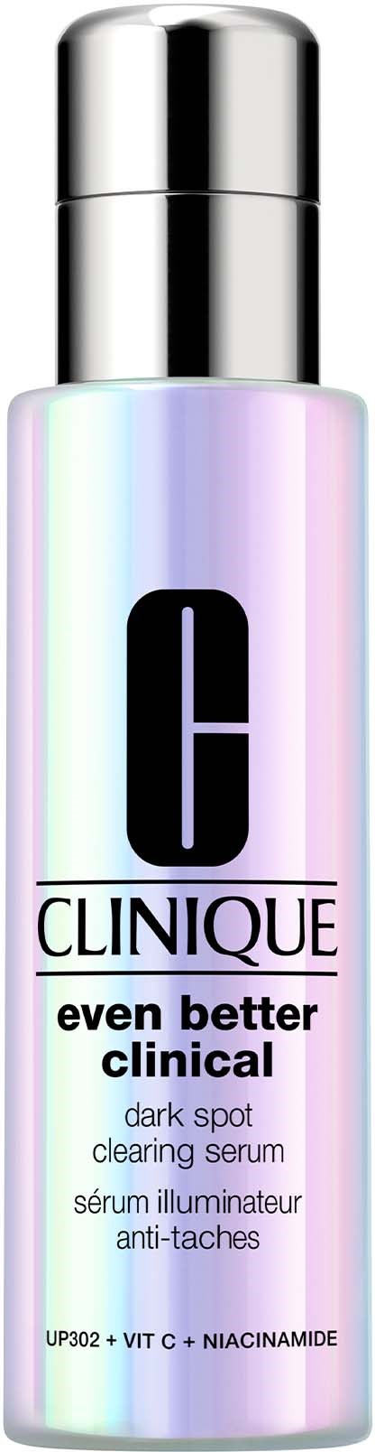 Een Clinique skincare fles met de tekst "even better clinical dark spot clearing serum" en een zilveren dop.