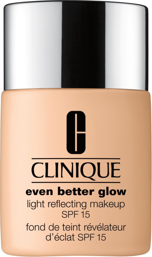 En flaska Clinique-makeup med en silverkork, märkt 'even better glow' och SPF 15.