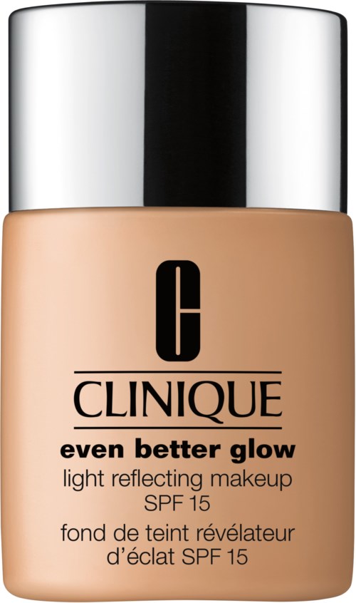 En flaska Clinique foundation med silverlock, märkt 'even better glow' och SPF 15.