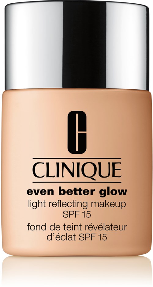 En flaska med Clinique makeup i ljusbeige färg med en glänsande silverlock.