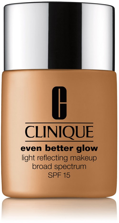 En flaska Clinique foundation märkt 'even better glow' med SPF 15, ljusbrun färg och silverlock.