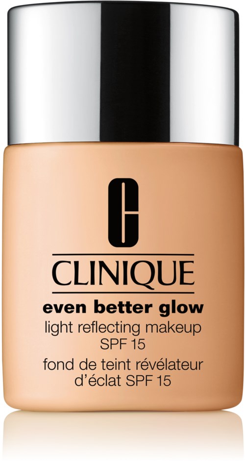 En flaska Clinique Even Better Glow foundation med SPF 15, ljusfärgad vätska, silverlock, och svart text.
