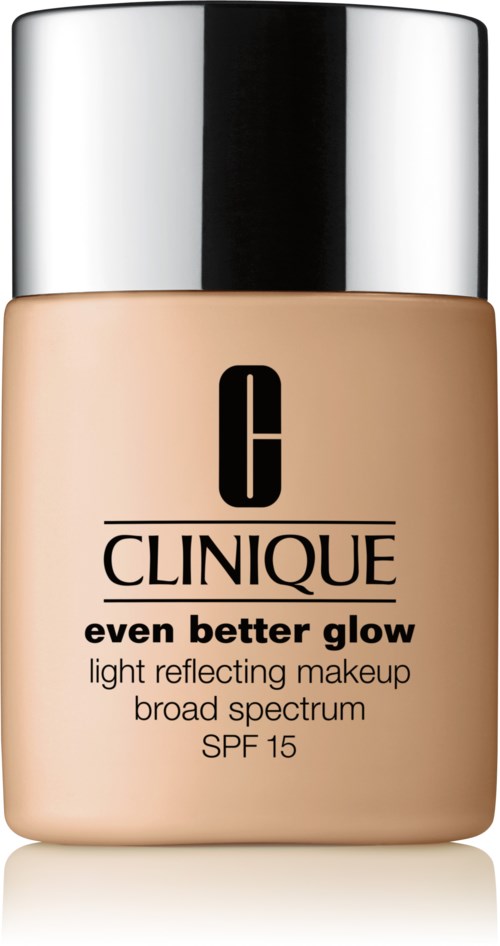 En flaska Clinique foundation med SPF 15, märkt 'even better glow', i beige färg med silverlock.