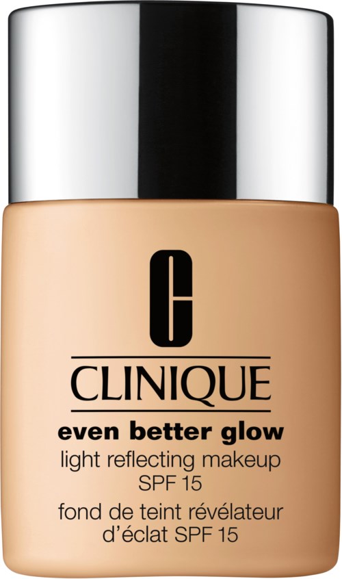 En beige flaska med silverlock, märkt 'Clinique' och 'even better glow', som antyder att det är en makeupprodukt med SPF 15.