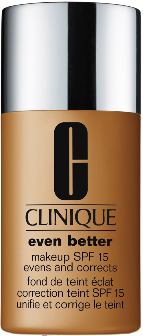 En flaska Clinique foundation med silverlock och beige vätska inuti.
