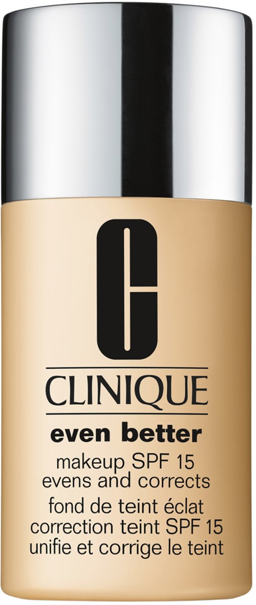 Eine Flasche Clinique Foundation mit SPF 15, beige Farbe, silberner Deckel und schwarzer Beschriftung.