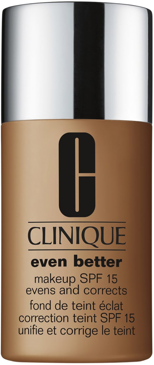 Clinique-Flasche mit Foundation und SPF 15, beschriftet 'even better', in beige mit silberner Kappe.