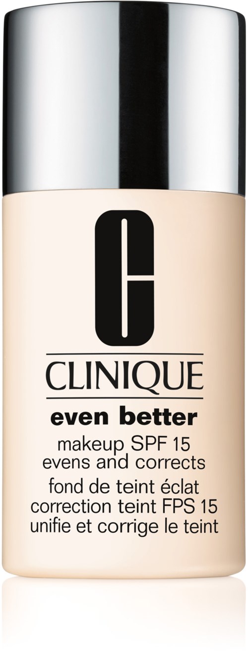En flaska Clinique foundation märkt 'even better,' har SPF 15, med silverlock och beige vätska inuti.