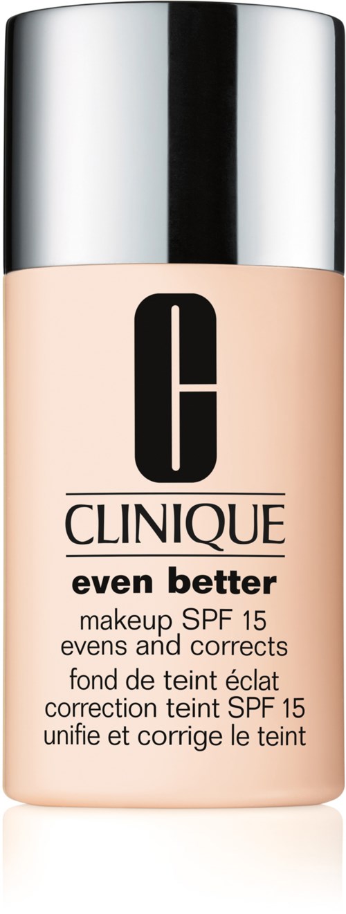 A bottle of Clinique Even Better makeup with SPF 15, designed to improve skin tone and correct color issues.