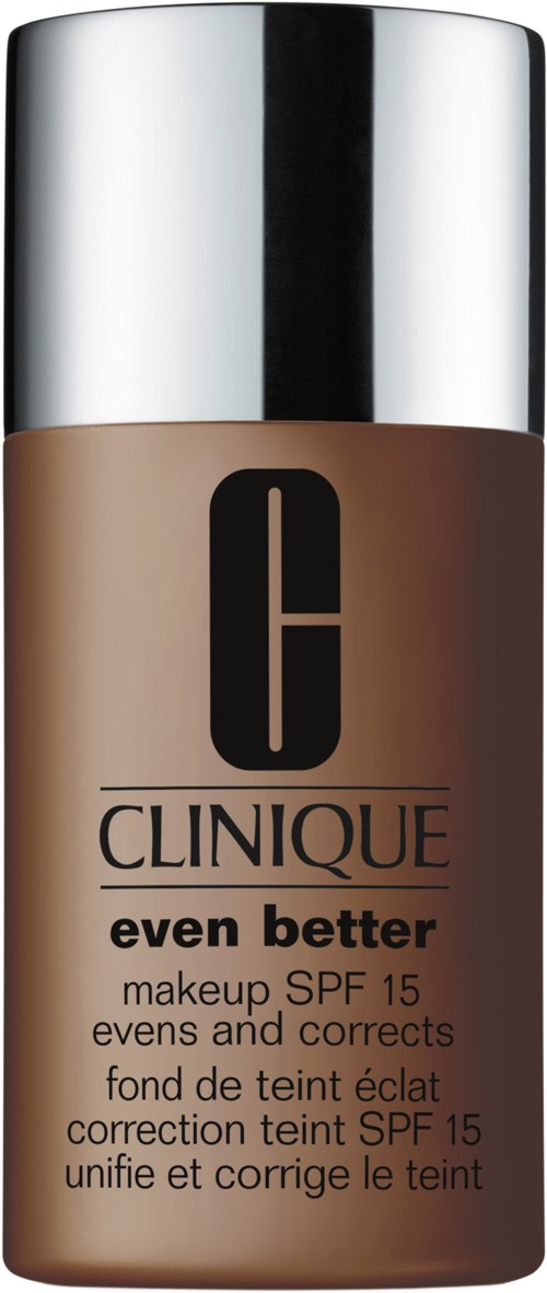 A bottle of Clinique foundation with silver cap, labeled "even better" and SPF 15 for skin correction.